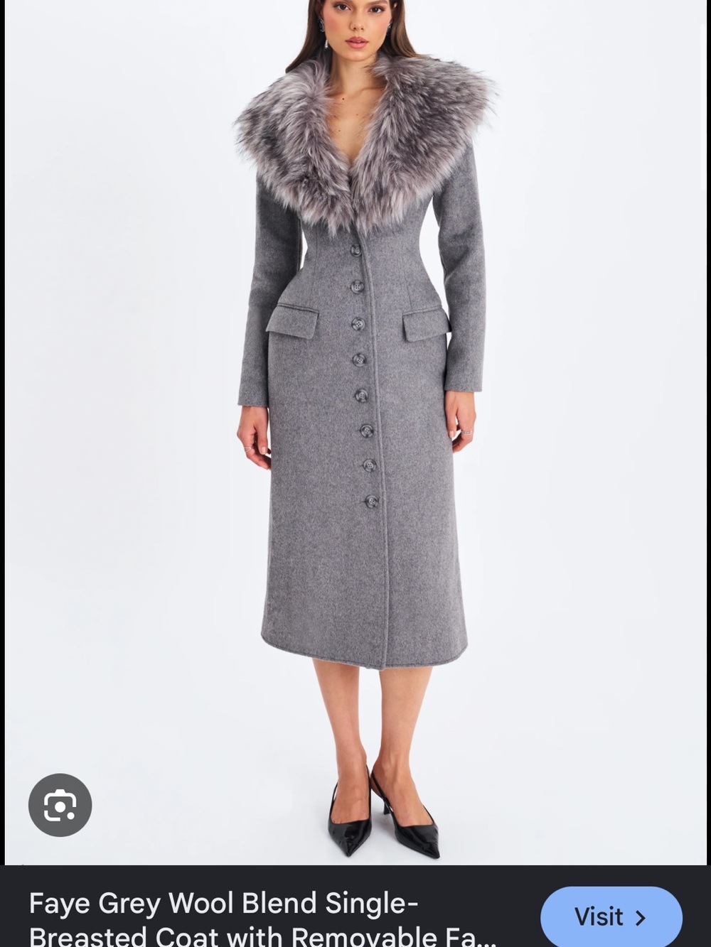 Faye Grey Wool-Blend Single-Breasted Pea Coat with Removable Faux Fur Collar